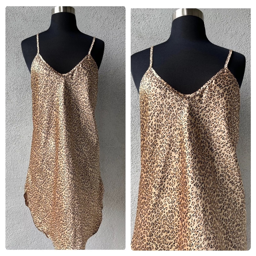 Vintage Kristine Tyler Intimates Cheetah Print Satin Chemise Slip Nightgown Sz M